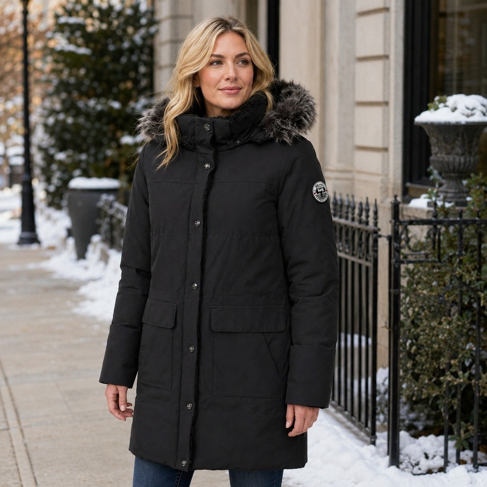 Arctic Expedition Women's S Black Down Puffer Parka Faux Fur Hood Winter Coat